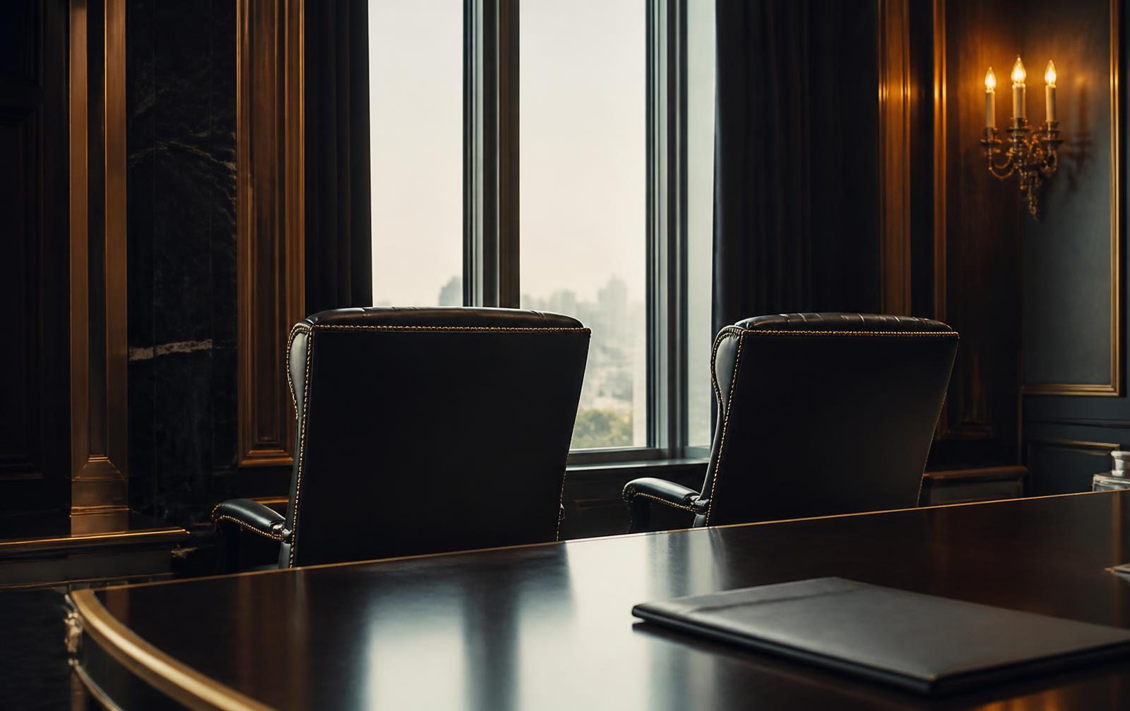 Discreet executive meeting room with dark wood, marble and soft city light
