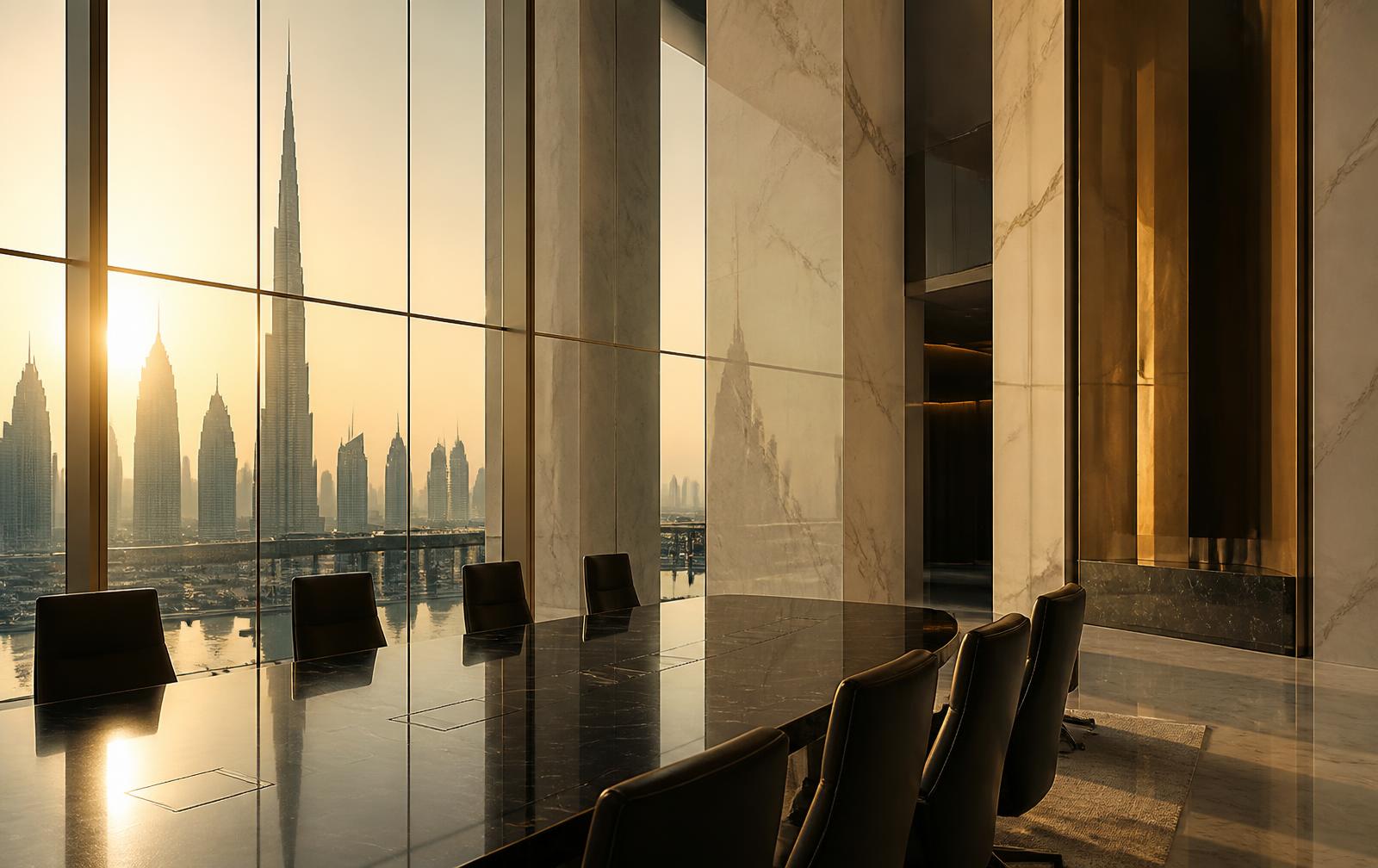 Marble boardroom overlooking the Dubai skyline at golden hour, empty conference table in the foreground