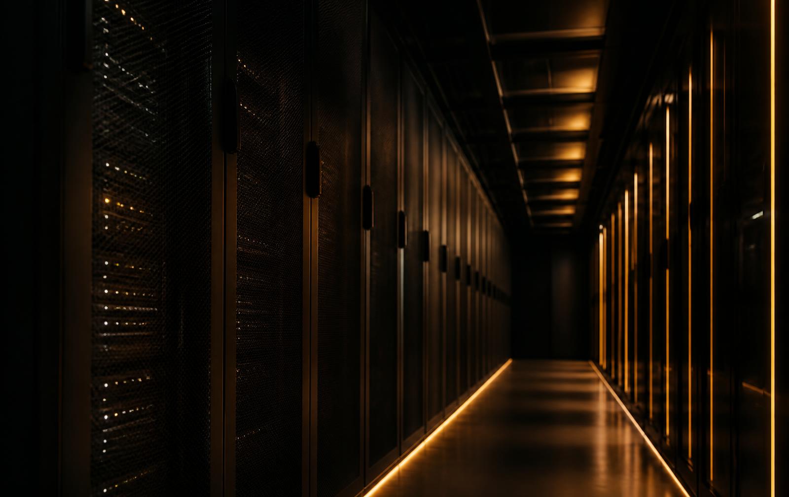 Dark data centre corridor lit by thin warm amber light lines